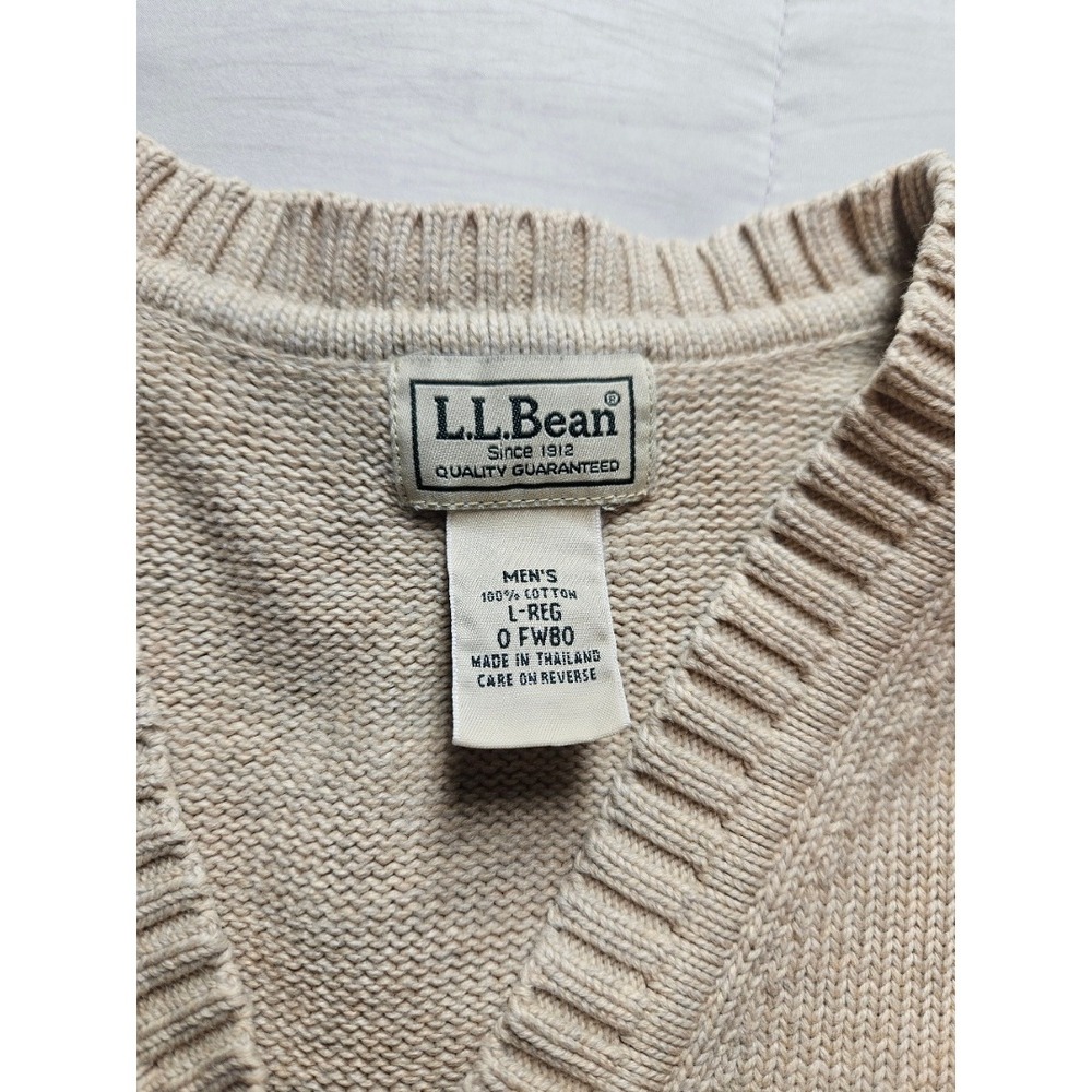 LL Bean Men Sweater Vest Large Beige Oatmeal 100% Cotton V-Neck Knit Vintage Y2K - Picture 2 of 3
